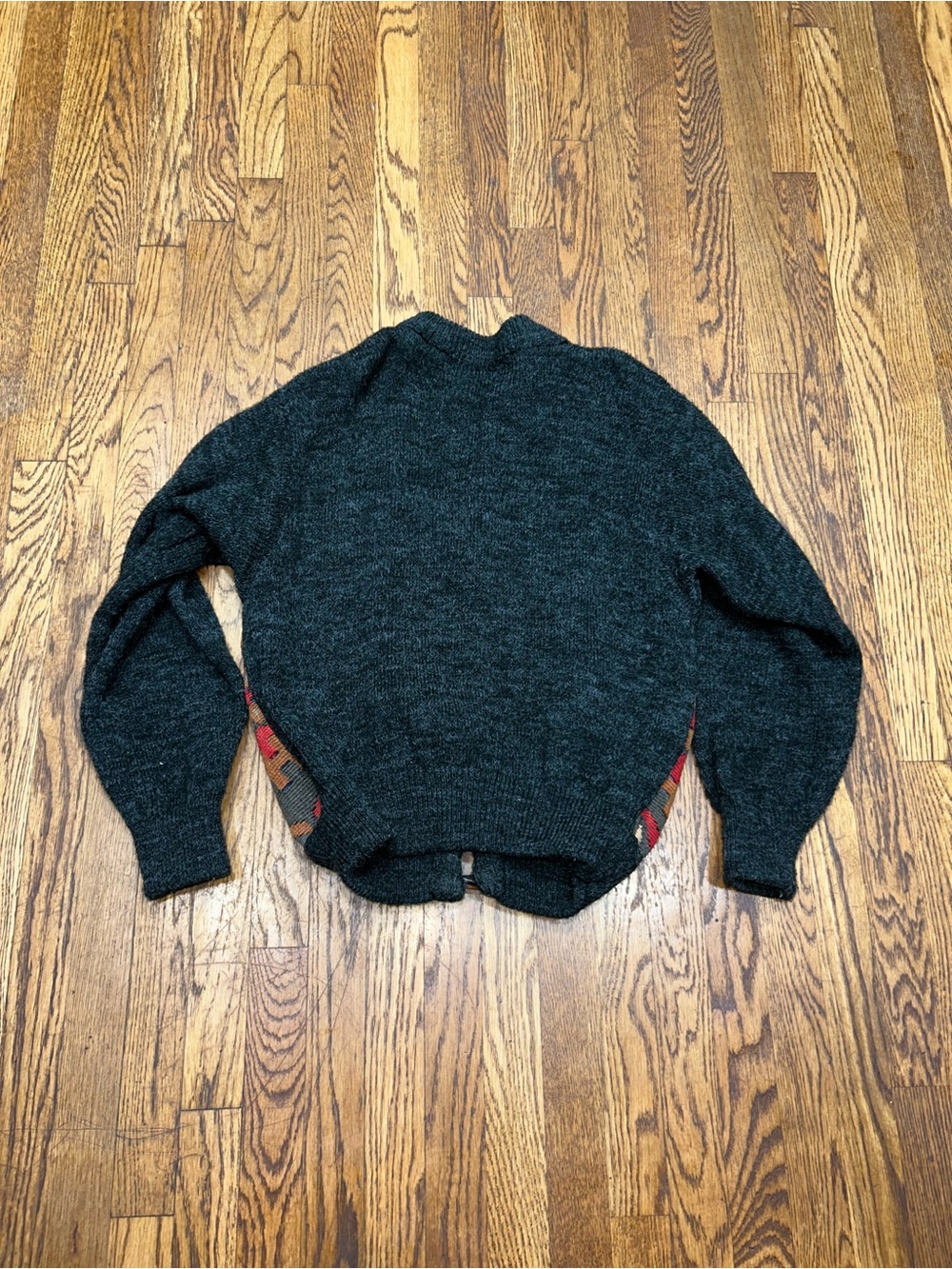 Patterned Toggle Cardigan Sweater - Black with Red & Brown Accents - Picture 3 of 7